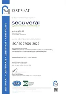 Zertifikat der secuvera GmbH nach ISO/IEC 27001:2022 für das Informationssicherheits-Managementsystem