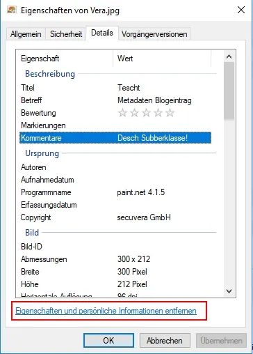 Screenshot: Windows-Dateieigenschaften von Vera.jpg mit Metadaten wie Kommentar, Programmname und Copyright