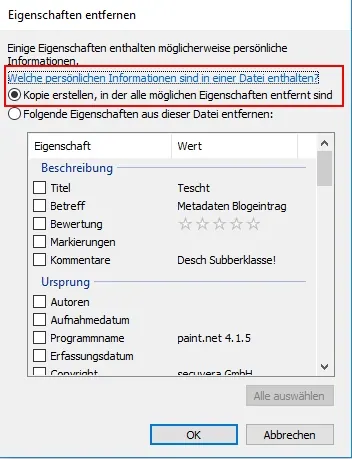 Screenshot: Windows-Dialog „Eigenschaften entfernen“ mit Option, eine Kopie ohne Metadaten zu erstellen