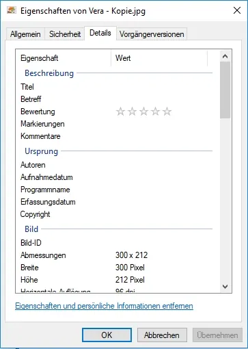 Screenshot: Dateieigenschaften von Vera - Kopie.jpg, Titel, Kommentar und Autor sind nun leer