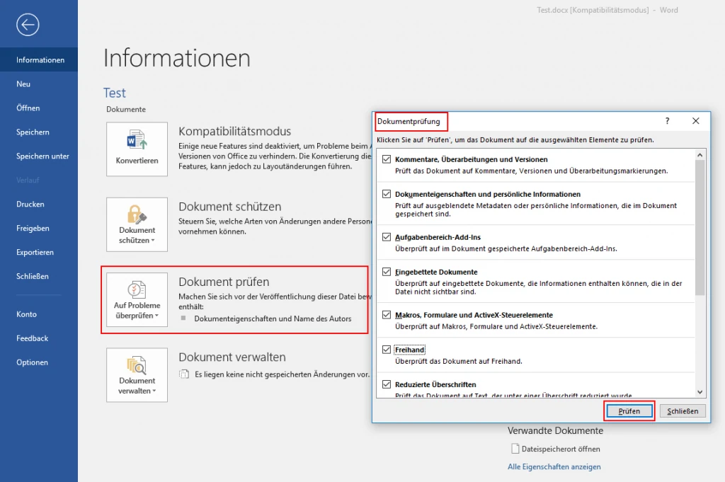 Screenshot: Microsoft Word, Dokument prüfen und Dialog Dokumentprüfung auf Metadaten und persönliche Daten