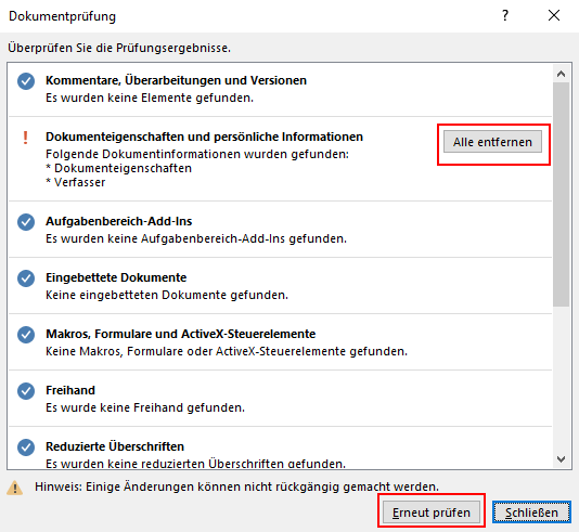 Screenshot: Ergebnis der Word-Dokumentprüfung mit Schaltfläche „Alle entfernen“ für Dokumenteigenschaften